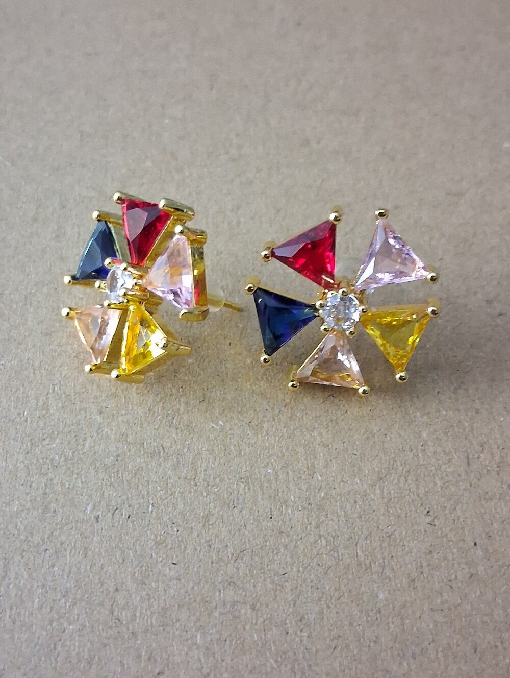 Multicolor Flower Stud Earrings - Gold Tone
